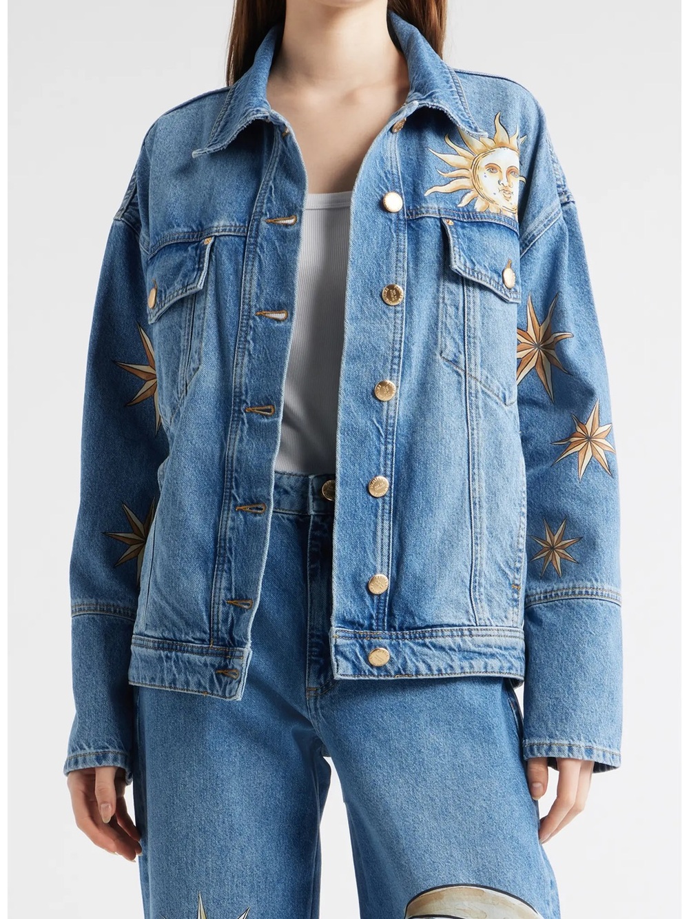 FARM Rio Mystical Sun Printed Denim Jacket XS NWT Cosmic Floral Cotton